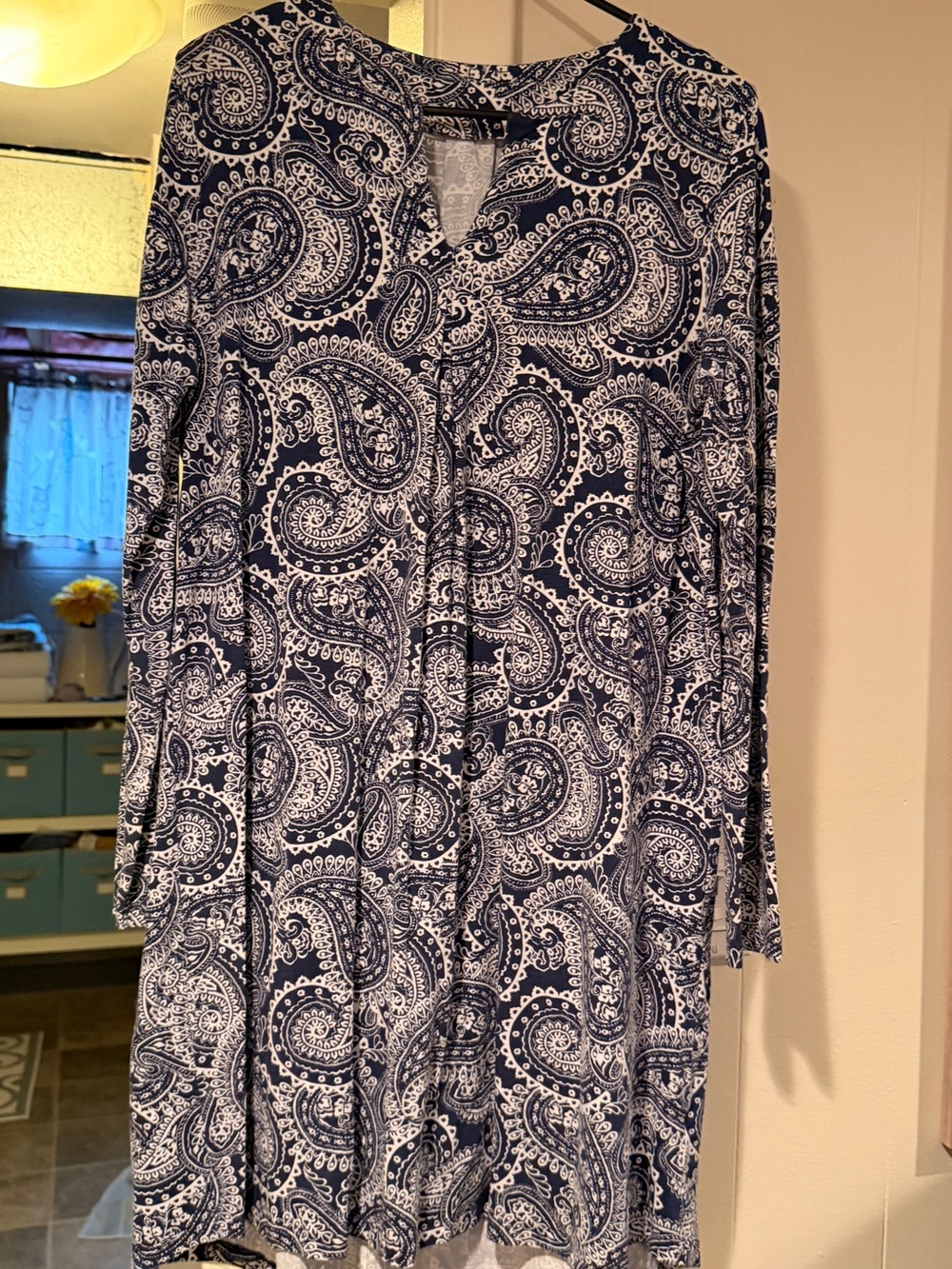 Coolibar Navy and White Paisley Long-Sleeve Dress